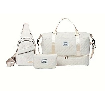 White Chic 3-Piece Quilted Travel Bag Set - Duffel, Crossbody Sling & Toiletry Pouch - Large Capacity & Lightweight