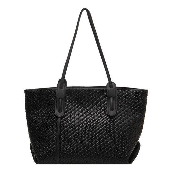 Black Chic Woven PU Leather Tote Bag - Large Capacity Casual Shoulder & Handbag for Women