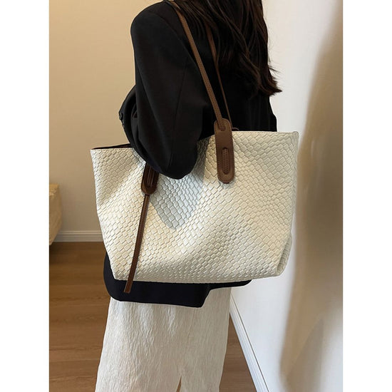 Beige and Brown Chic Woven PU Leather Tote Bag - Large Capacity Casual Shoulder & Handbag for Women