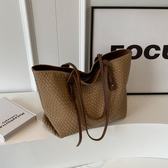 Khaki and Brown Chic Woven PU Leather Tote Bag - Large Capacity Casual Shoulder & Handbag for Women