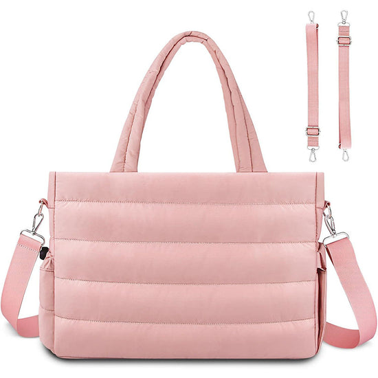 Pink Stylish Quilted Nylon Tote Bag - Large Capacity Diaper Nappy Bag for Travel & Stroller with Adjustable Straps