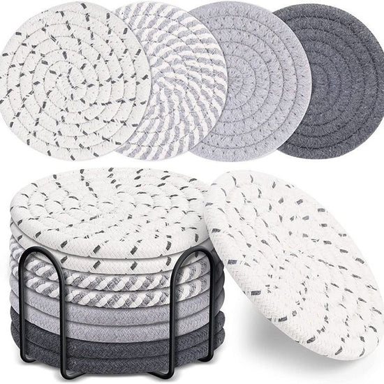 Grey Absorbent Woven Cotton Coasters - Set of 8 with Metal Holder - Heat Resistant Drink Mats for Table Protection