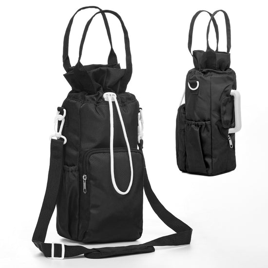 Black Insulated Tumbler Carrier Bag - Crossbody Water Bottle Holder with Pockets & Adjustable Strap for Large Cups (Note: cup not included)