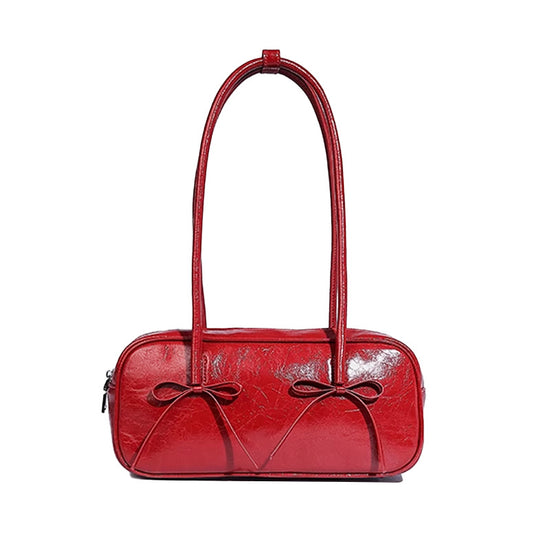Red Chic PU Leather Baguette Shoulder Bag - Elegant Bow Accent Underarm Handbag for Women