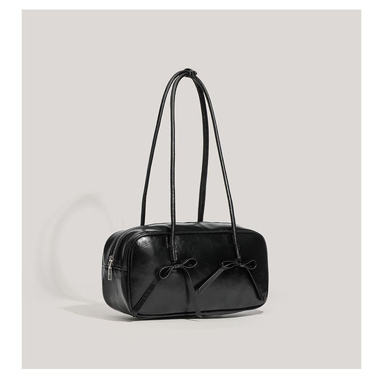 Black Chic PU Leather Baguette Shoulder Bag - Elegant Bow Accent Underarm Handbag for Women