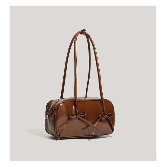Coffee Chic PU Leather Baguette Shoulder Bag - Elegant Bow Accent Underarm Handbag for Women