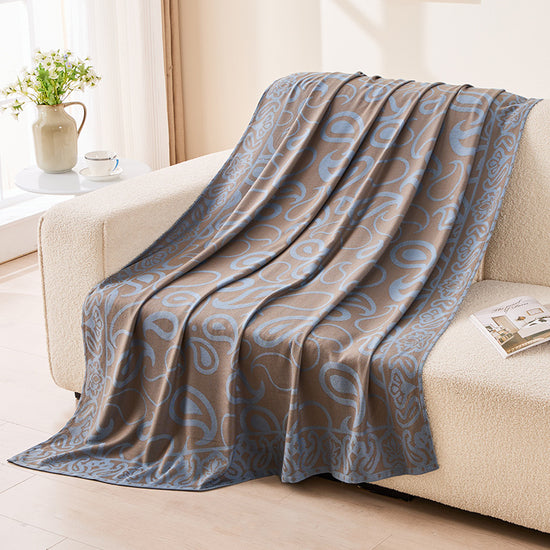 Brown,Taupe and Blue Elegant Patterned Throw Blanket - Soft Polyester Nap & Sofa Cover, 185x135cm Lightweight AC Blanket