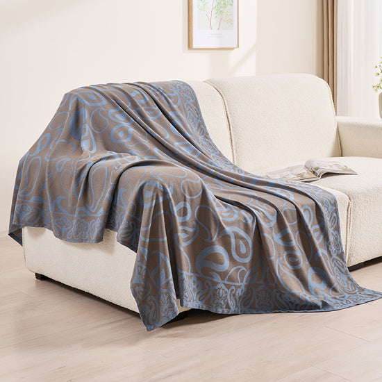 Brown,Taupe and Blue Elegant Patterned Throw Blanket - Soft Polyester Nap & Sofa Cover, 185x135cm Lightweight AC Blanket