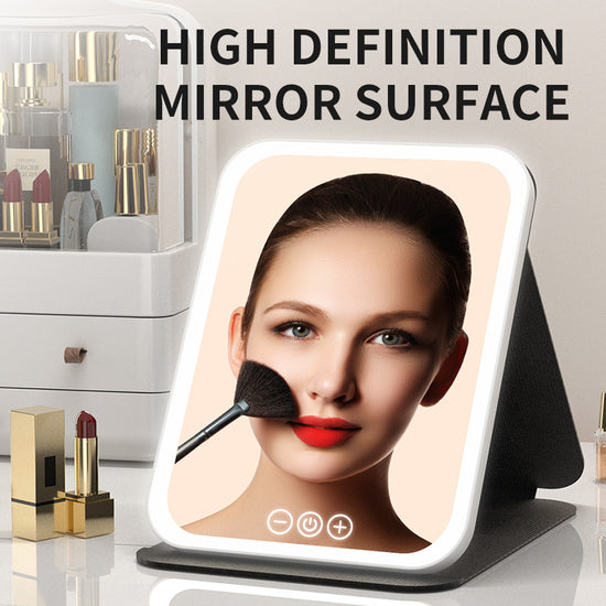 Pink Large Foldable LED Makeup Mirror - Portable Desktop Vanity with 3 Color Lights, Stepless Dimming & Adjustable Stand