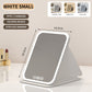 White Small Foldable LED Makeup Mirror - Portable Desktop Vanity with 3 Color Lights, Stepless Dimming & Adjustable Stand