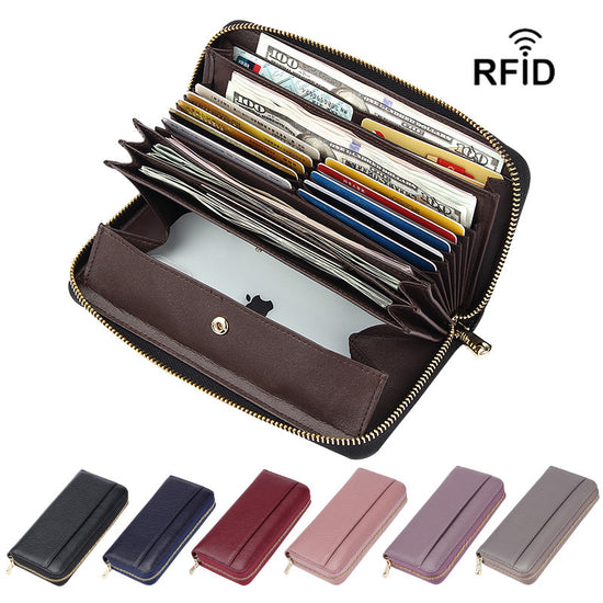 Pink Premium Genuine Leather RFID Blocking Long Wallet - Unisex Multi-Card Organizer Clutch with Zip-Around Closure