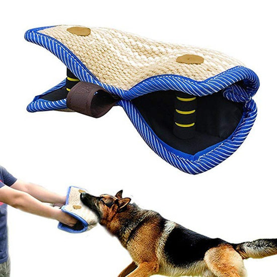Blue and Khaki Heavy Duty Jute Dog Bite Pillow - Professional Training Tug Toy with 3 Handles for Schutzhund, K9, Agility & Bite Work