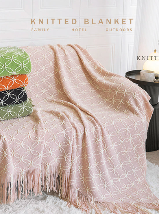 Pink Cozy Geometric Knitted Throw Blanket with Tassels - Soft Acrylic Decorative Sofa & Bed Cover, 130x180cm