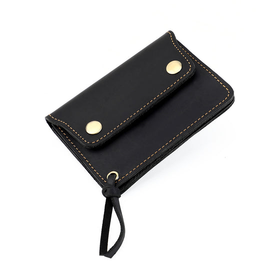 Black Vintage Handmade Crazy Horse Leather Wallet - Compact Card Holder & Zippered Coin Purse with Snap Closure