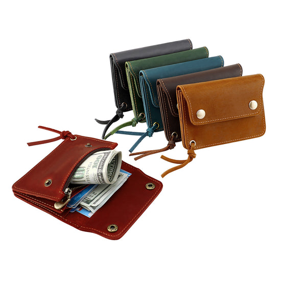 Blue Vintage Handmade Crazy Horse Leather Wallet - Compact Card Holder & Zippered Coin Purse with Snap Closure