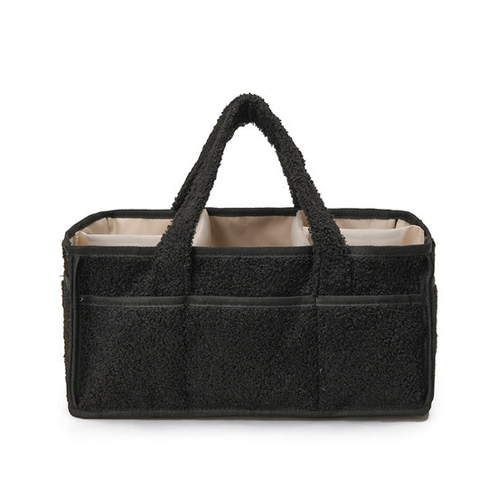 Black Large Plush Nappy Caddy Organizer - Portable Diaper Storage Bin & Nursery Tote Bag