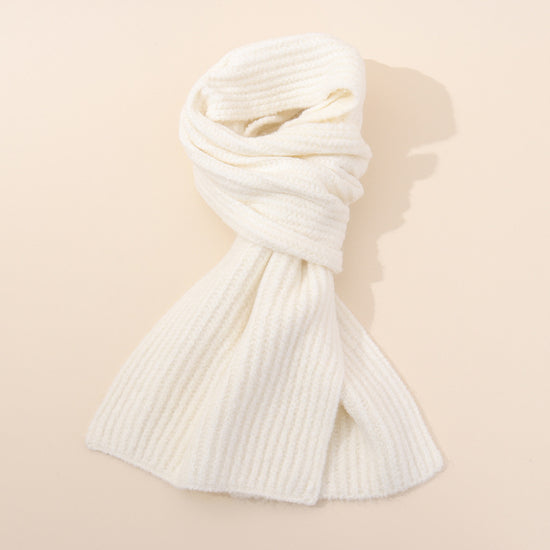 White Soft Ribbed Knit Winter Scarf - Cozy Warm Wool Blend Neck Wrap (160x25cm)