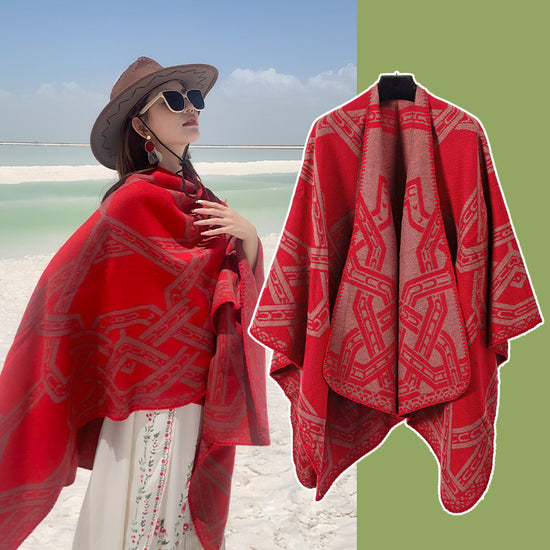 Red Bohemian Ethnic Print Blanket Poncho - Warm Windproof Oversized Shawl Wrap (130x150cm)