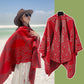 Red Bohemian Ethnic Print Blanket Poncho - Warm Windproof Oversized Shawl Wrap (130x150cm)