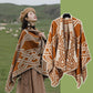 Brown Bohemian Ethnic Print Blanket Poncho - Warm Windproof Oversized Shawl Wrap (130x150cm)