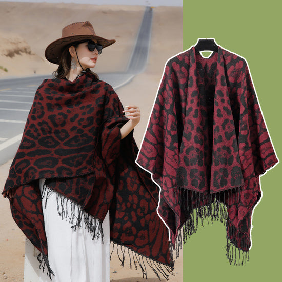 Wine-red Bold Leopard Print Poncho Cape - Women&