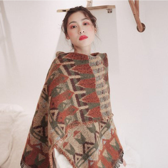 Red-beige Extra Large Ethnic Print Faux Lambswool Shawl - Cozy Winter Wrap Scarf (70x211cm)
