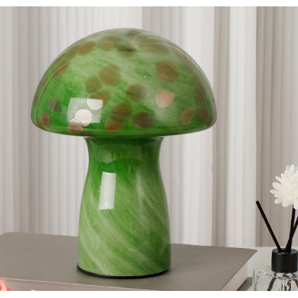 Camouflage Green Retro Swirl Glass Mushroom Table Lamp - LED Bedside Night Light