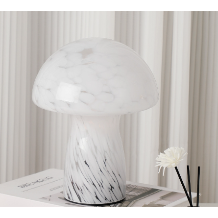 Speckled White Retro Swirl Glass Mushroom Table Lamp - LED Bedside Night Light