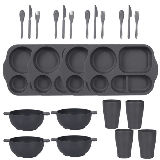 Dark Grey Durable Eco-Friendly Wheat Straw Dinnerware Set - 24 Pieces with Plates, Bowls, Cups & Cutlery