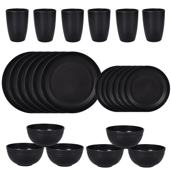 Stylish Black Wheat Straw Dinnerware Set - 24 Pieces Including Plates, Bowls & Cups