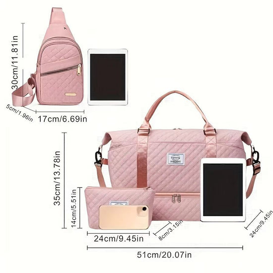 Black Stylish 3-Piece Quilted Travel Bag Set - Weekender Duffel with Shoe Compartment, Sling Bag & Cosmetic Pouch