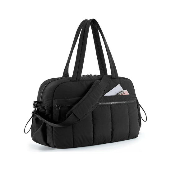 Black Large Capacity Quilted Travel Tote Bag - Waterproof Gym Duffel with Wet Pocket (42x19x30cm)