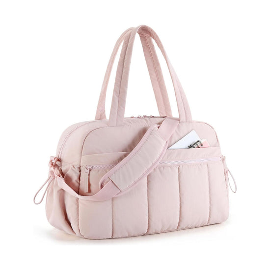 Pink Large Capacity Quilted Travel Tote Bag - Waterproof Gym Duffel with Wet Pocket (42x19x30cm)
