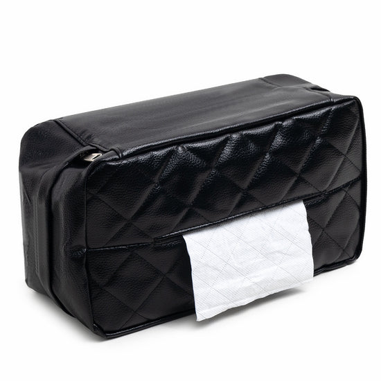 Black Universal Leather Car Tissue Box Holder - Visor, Armrest & Seat Back Mount