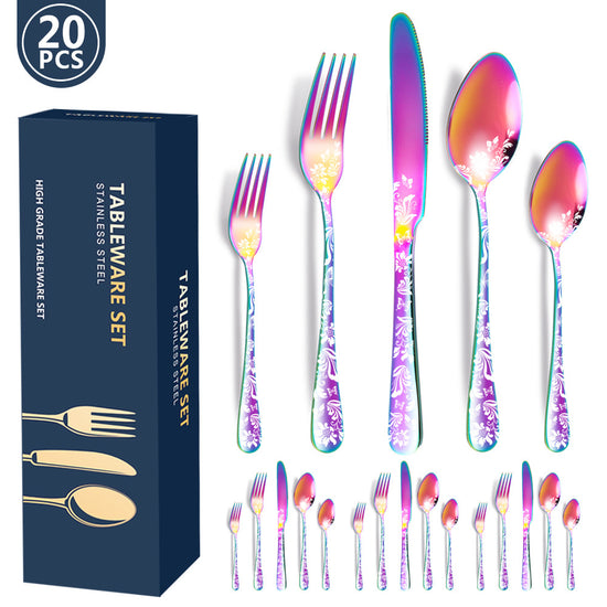 Multicolor Elegant 20-Piece Stainless Steel Cutlery Set with Floral Design - Dinner & Steak Knives, Forks, Spoons
