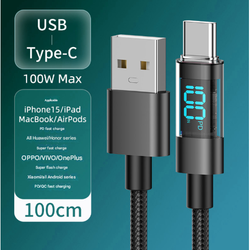 1 Meter USB To Type-C 4-Piece Set 1m 100W Super Fast Charge Transparent Aluminum Shell Digital Display Data Cable - USB Type-C Fast Charge Cable