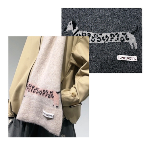 Pink Cute Korean-Style Wool Scarf with Dog Design - Unisex Knitted Winter Neck Wrap