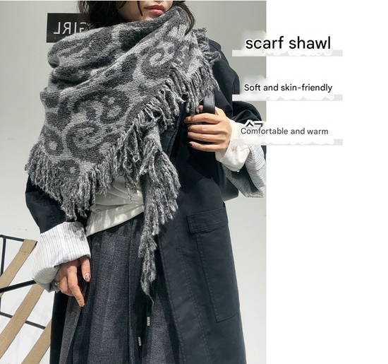 Black-white Luxurious Fringe Wool and Lambswool Scarf for Women - Thick Warm 60 x 170 cm Shawl