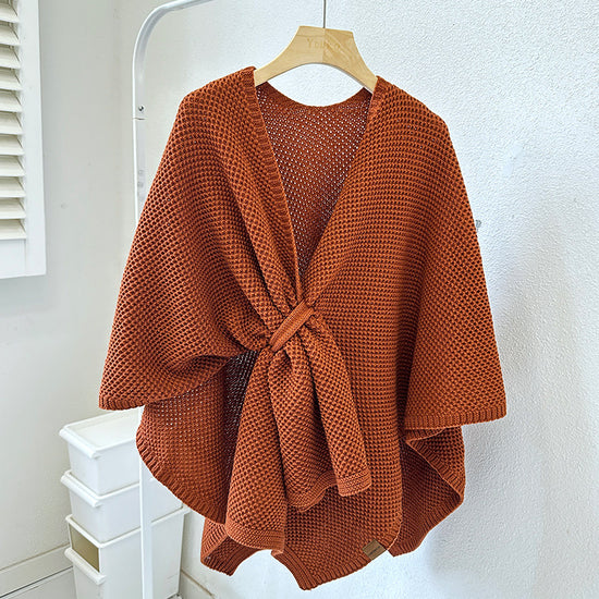 Caramel Color Luxurious Faux Cashmere Knitted Cape - Large Buckled 90 x 140 cm Women&