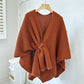 Caramel Color Luxurious Faux Cashmere Knitted Cape - Large Buckled 90 x 140 cm Women&