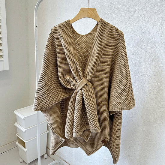 Camel-hair Color Luxurious Faux Cashmere Knitted Cape - Large Buckled 90 x 140 cm Women&