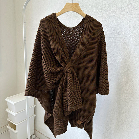 Coffee Brown Luxurious Faux Cashmere Knitted Cape - Large Buckled 90 x 140 cm Women&