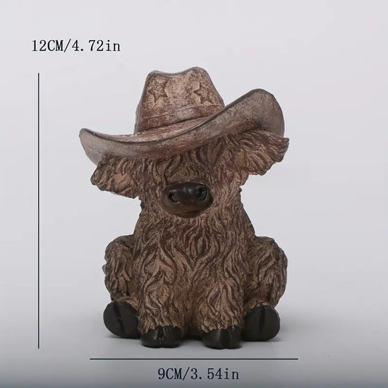 Highland Cow with Cowboy Hat Resin Statue - Rustic Farmhouse Garden Decor