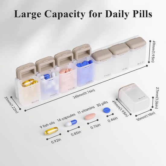 Transparent + Grey Cover Weekly Pill Organizer 1-Time-a-Day - Large Capacity Magnetic Closure Pill Box (246 x 49 x 23 mm)