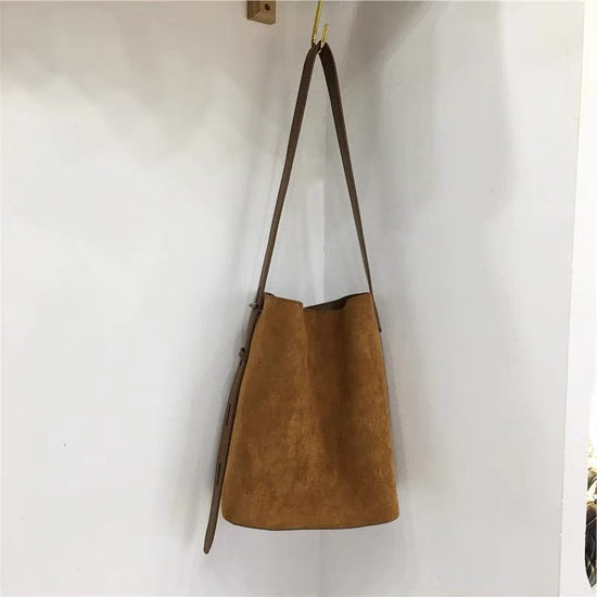Light Brown Vintage Leopard Suede Bucket Bag for Women with Crossbody Strap
