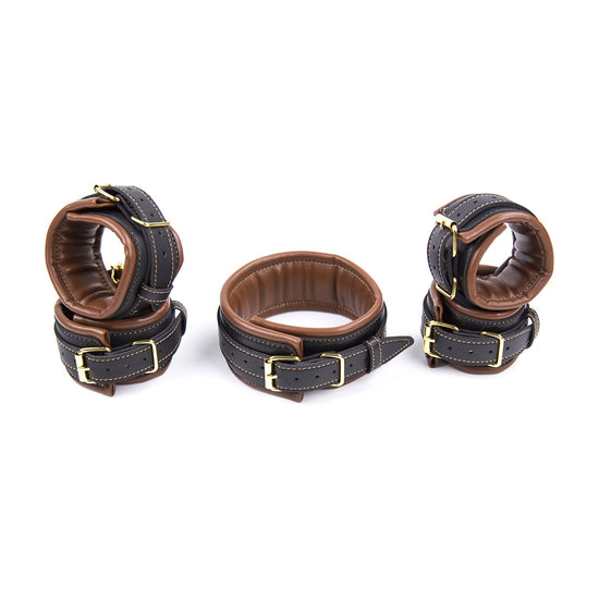 Premium PU Leather Adjustable Padded Collar, Handcuffs & Ankle Cuffs Set with Leash/Connectors(Brown)
