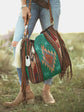 Bohemian Style Canvas Hobo Bag with Tassels & Geometric Print - Large Capacity Shoulder Bag(blue)