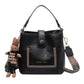 Vintage Style PU Leather Bucket Bag with Wide Patterned Strap & Optional Bunny Charm(black)
