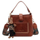 Vintage Style PU Leather Bucket Bag with Wide Patterned Strap & Optional Bunny Charm(caramel)