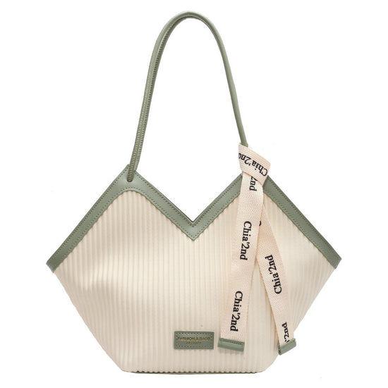 Chic Textured PU Leather Tote Bag with V-Cut Design & Decorative Ribbon Strap Accent(Green)